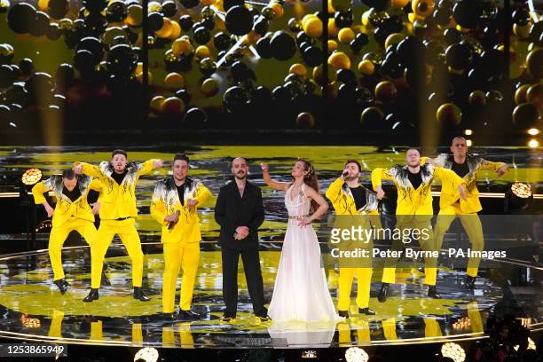 Ukrainian singers Mariya Yaremchuk, Zlata Dziunka and OTOY perform during the interval at the semi-final 2 of Eurovision Song Contest at the M&S Bank...