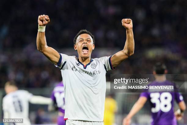 Basel's Swiss forward Dan Ndoye celebrates after FC Basel scored their second goal during the UEFA Conference League semi-final first leg football...