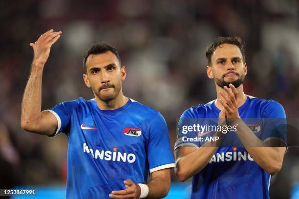 Vangelis Pavlidis of AZ Alkmaar, Pantelis Hatzidiakos of AZ Alkmaar disappointed after the UEFA Conference League semi-final match between West Ham...