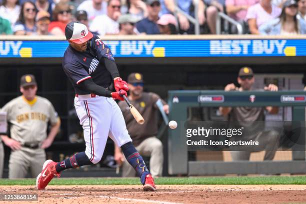 Minnesota Twins Infield Carlos Correa drives in two runs on a double during a MLB game between the Minnesota Twins and San Diego Padres on May 11 at...