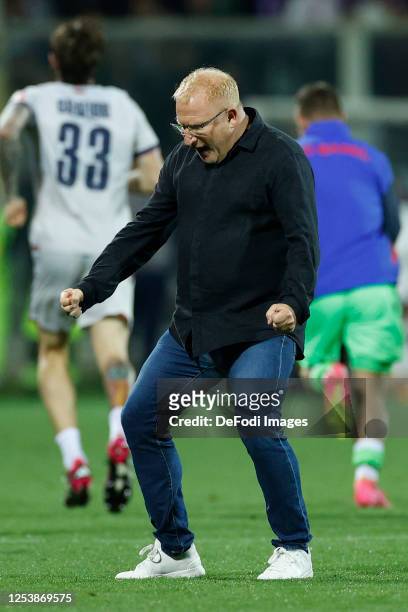 Head Coach Heiko Vogel of FC Basel 1893 celebrates after the goal scored by Zeki Amdouni of FC Basel 1893 during the UEFA Europa Conference League...