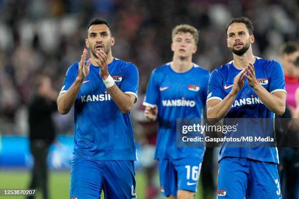 Vagelis Pavlidis and Pantelis Hatzidiakos of AZ Alkmaar applaud the fans after their side's defeat during the UEFA Europa Conference League...