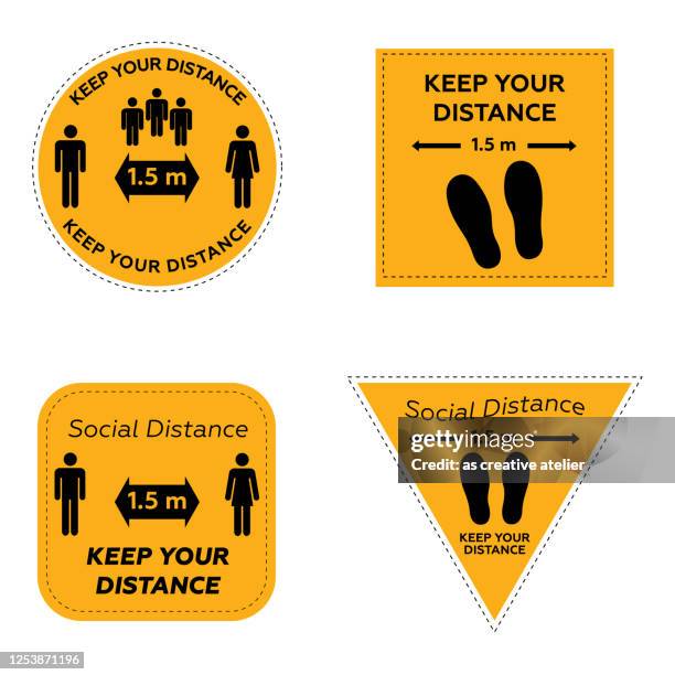 social distancing. keep safe distance 1.5 meters icons. warning signs and tags. yellow background. - two meters stock illustrations