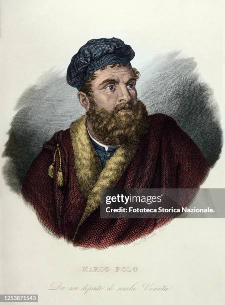 Marco Polo , Venetian traveler and explorer, portrait in a colored engraving from a Venetian school painting, Italy 1857.