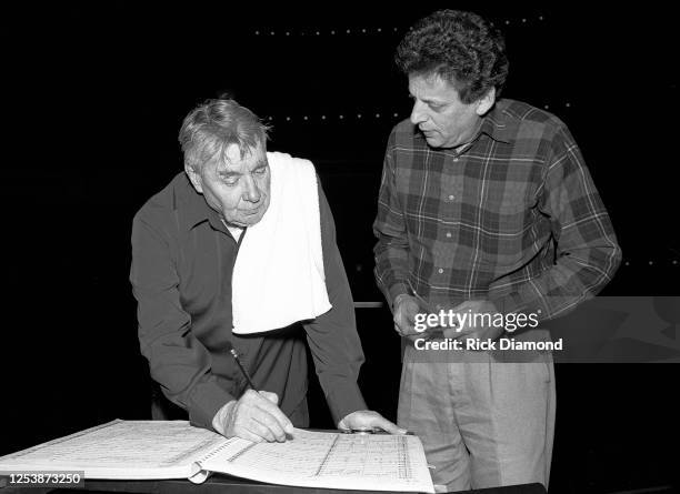 Conductor Robert Shaw and Composer Philip Glass during rehearsals at the Atlanta Symphony Orchestra in Atlanta Georgia, May 05,1990 (Photo by Rick...