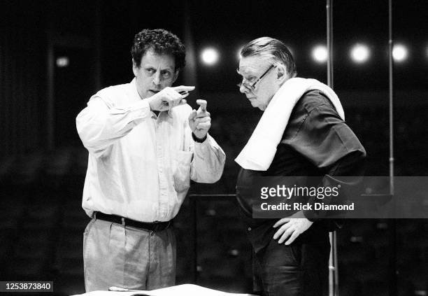 Composer Philip Glass and Conductor Robert Shaw during rehearsals at the Atlanta Symphony Orchestra in Atlanta Georgia, May 05,1990 (Photo by Rick...