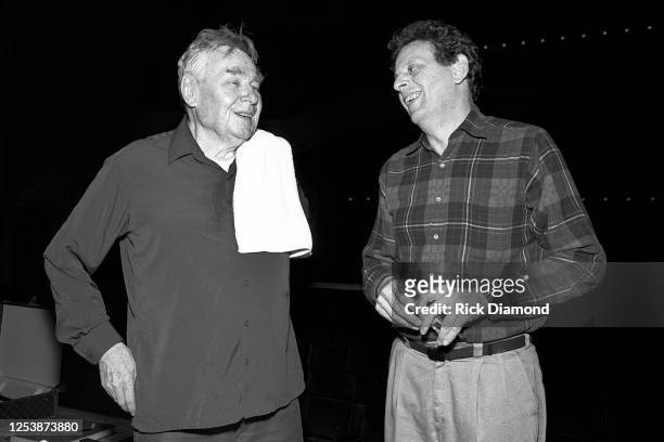 Conductor Robert Shaw and Composer Philip Glass during rehearsals at the Atlanta Symphony Orchestra in Atlanta Georgia, May 05,1990 (Photo by Rick...