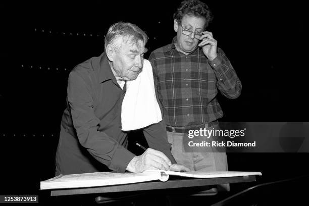 Conductor Robert Shaw and Composer Philip Glass during rehearsals at the Atlanta Symphony Orchestra in Atlanta Georgia, May 05,1990 (Photo by Rick...