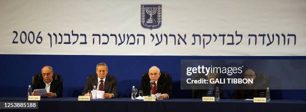 Retired judge and Lebanon war inquiry panel chairman, Eliyahu Winograd , and other members of the Winograd team hold a press conference in Jerusalem,...