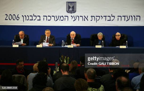 Retired judge and Lebanon war inquiry panel chairman, Eliyahu Winograd, and other members of the Winograd team are pictured at a press conference in...