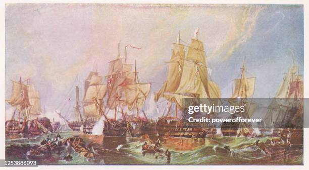 stockillustraties, clipart, cartoons en iconen met the battle of trafalgar door clarkson frederick stanfield - 19e eeuw - battle ship