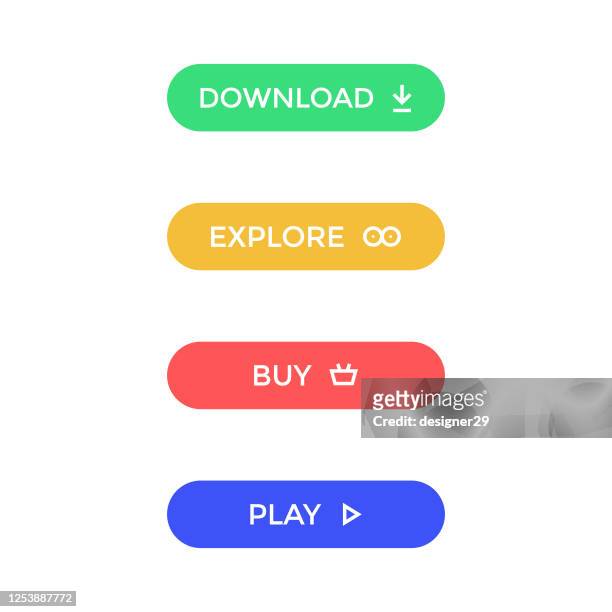ilustrações de stock, clip art, desenhos animados e ícones de modern button icon set. download, explore, buy and play button flat design. - game ui