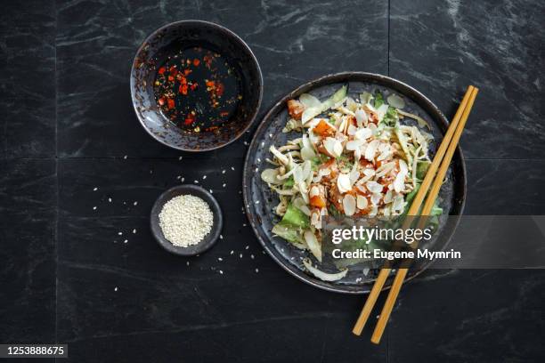 japanese style salmon and avocado salad with ginger dressing - almond meal stock pictures, royalty-free photos & images