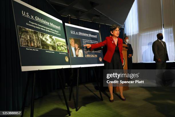 Acting United States Attorney for the Southern District of New York, Audrey Strauss, speaks to the media at a press conference to announce the arrest...