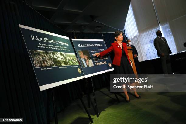 Acting United States Attorney for the Southern District of New York, Audrey Strauss, speaks to the media at a press conference to announce the arrest...