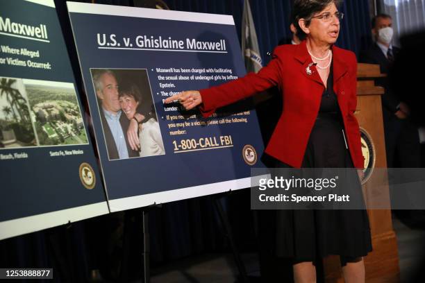 Acting United States Attorney for the Southern District of New York, Audrey Strauss, speaks to the media at a press conference to announce the arrest...