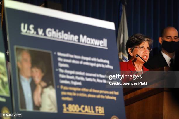 Acting United States Attorney for the Southern District of New York, Audrey Strauss, speaks to the media at a press conference to announce the arrest...