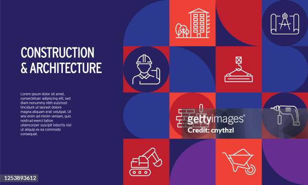 ilustraciones, imágenes clip art, dibujos animados e iconos de stock de diseño relacionado con la construcción y la arquitectura con iconos de línea. iconos de esquema simple. - building contractor