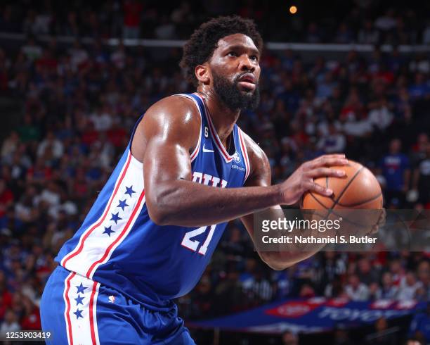Joel Embiid of the Philadelphia 76ers shoots a free throw during the game round two game six of the 2023 NBA Playoffs on on May 11, 2023 at the Wells...