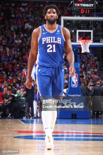 Joel Embiid of the Philadelphia 76ers looks on during the game during round two game six of the 2023 NBA Playoffs on on May 11, 2023 at the Wells...