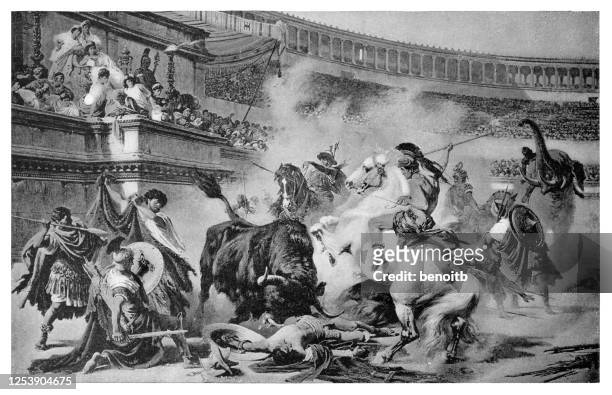 ilustraciones, imágenes clip art, dibujos animados e iconos de stock de pelea de toros en el coliseo - coliseum rome