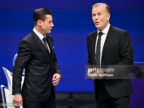 Sports journalist and presenter John Dykes talks with Former Uzbekista footballer Server Djeparov during the Asian Football Confederation Asian Cup...