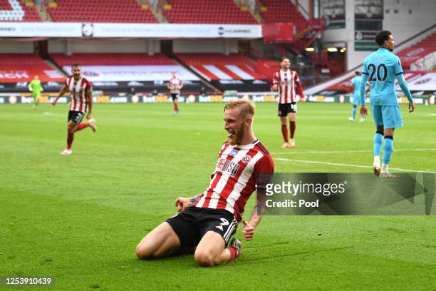 Oliver McBurnie of Sheffield United celebrates after scoring his team's third goal during the Premier League match between Sheffield United and...