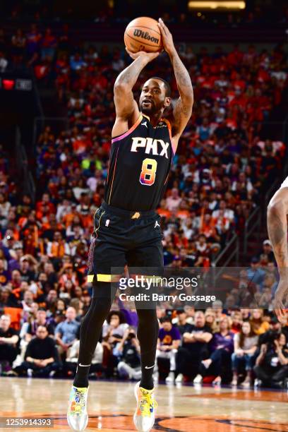 Terrence Ross of the Phoenix Suns shoots the ball during Game 6 of the 2023 NBA Playoffs Western Conference semi-finals on May 11, 2023 at Footprint...