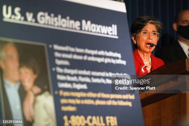 Acting United States Attorney for the Southern District of New York, Audrey Strauss, speaks to the media at a press conference to announce the arrest...