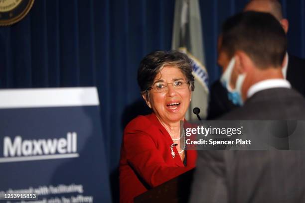 Acting United States Attorney for the Southern District of New York, Audrey Strauss, speaks to the media at a press conference to announce the arrest...