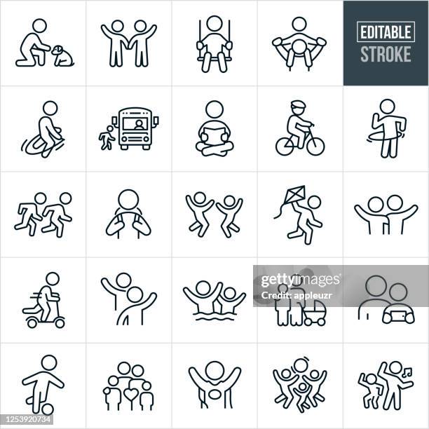 kinder und jugendliche dünne linie icons - editierbare strich - kids' soccer stock-grafiken, -clipart, -cartoons und -symbole