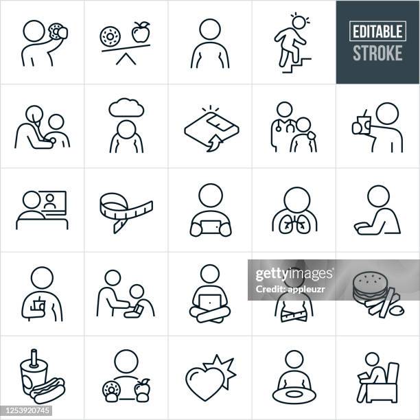 kindheit und adoleszenz adipositas dünne linie icons - editierbare schlaganfall - schweiß stock-grafiken, -clipart, -cartoons und -symbole