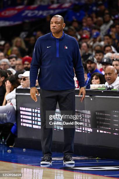 Head Coach Doc Rivers of the Philadelphia 76ers looks on during the game during round two game six of the 2023 NBA Playoffs on on May 11, 2023 at the...