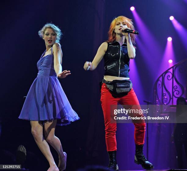 Taylor Swift and Hayley Williams perform at the Bridgestone Arena on September 16, 2011 in Nashville, Tennessee.