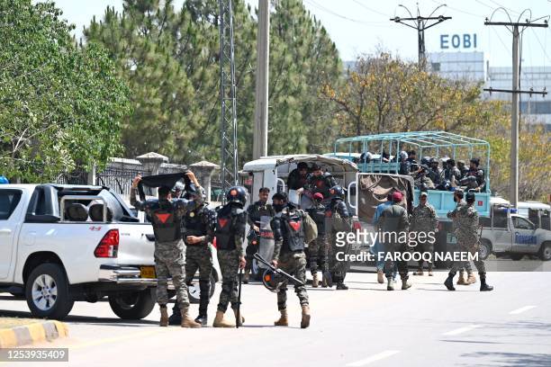 Rangers cordon off the High Court for the arrival of Pakistan's former Prime Minister Imran Khan in Islamabad on May 12, 2023. Khan was due to appear...