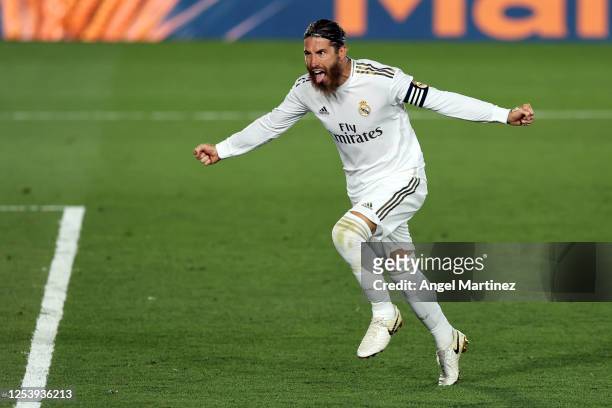 Sergio Ramos of Real Madrid celebrates his team's first goal during the Liga match between Real Madrid CF and Getafe CF at Estadio Alfredo Di Stefano...