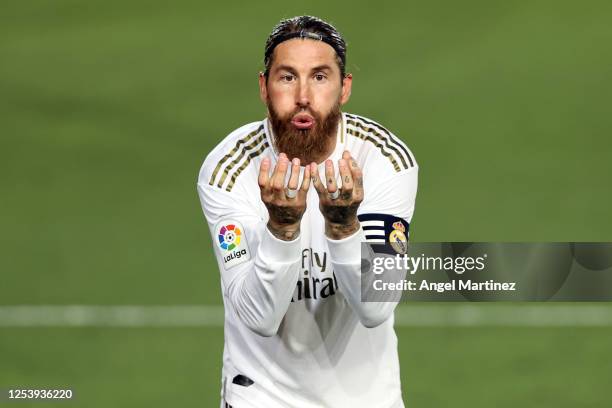 Sergio Ramos of Real Madrid celebrates his team's first goal during the Liga match between Real Madrid CF and Getafe CF at Estadio Alfredo Di Stefano...