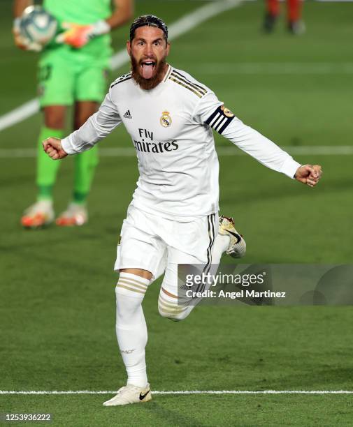 Sergio Ramos of Real Madrid celebrates his team's first goal during the Liga match between Real Madrid CF and Getafe CF at Estadio Alfredo Di Stefano...