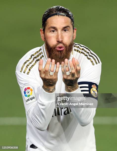 Sergio Ramos of Real Madrid celebrates his team's first goal during the Liga match between Real Madrid CF and Getafe CF at Estadio Alfredo Di Stefano...