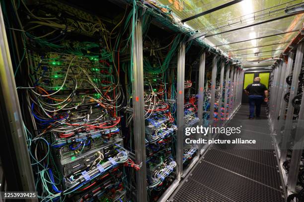 May 2023, Saxony, Dresden: View of the storage systems of the CARA high-performance computer from the German Aerospace Center . The high-performance...