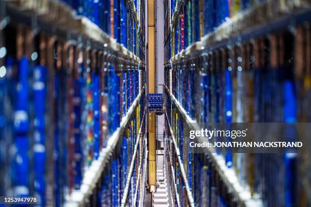 Photo taken on May 8 shows the warehouse of The Absolut Company, brimming with various types of Absolut Vodka boxes, all prepared for international...