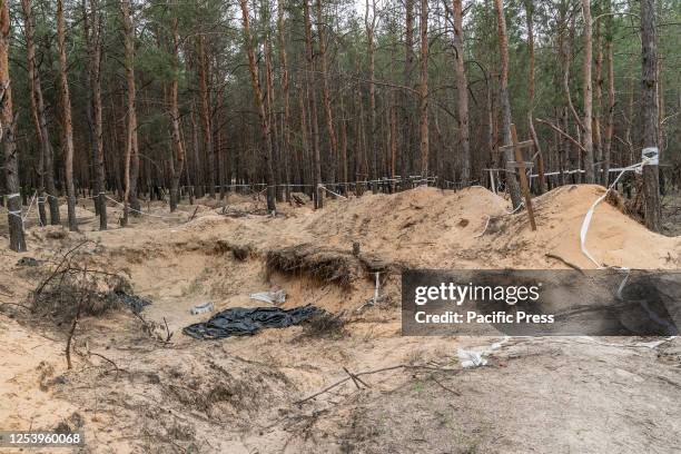 View of hundreds of mass unmarked graves in city of Kupyansk found after city was liberated from Russian forces.