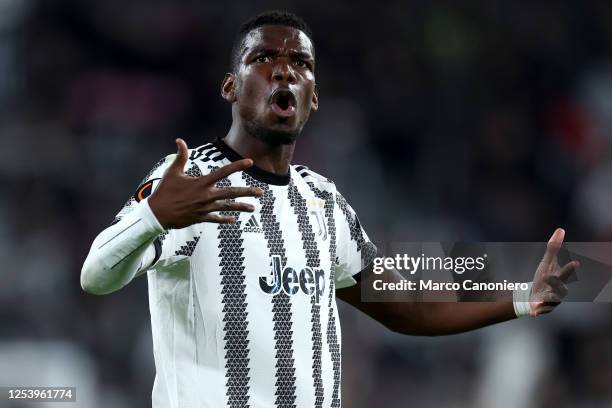 Paul Pogba of Juventus Fc celebrates at the end of the UEFA Europa League semi-final first leg match between Juventus Fc and Sevilla Fc The match...