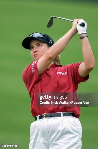 Karrie Webb of Australia plays an iron shot on the 15th hole during the third round of the Evian Masters at the Evian Resort Golf Club on June 15,...