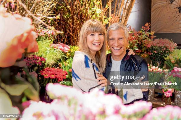 Tv presenter Nagui and wife Melanie Page are photographed for Paris Match on March 23, 2023 in Paris, France.