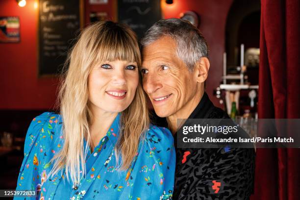 Tv presenter Nagui and wife Melanie Page are photographed for Paris Match on March 23, 2023 in Paris, France.