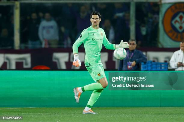 Marwin Hitz of FC Basel 1893 controls the ball during the UEFA Europa Conference League semi-final first leg match between ACF Fiorentina and FC...