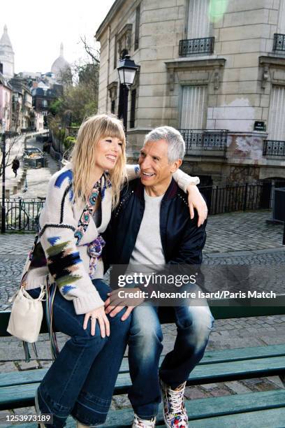 Tv presenter Nagui and wife Melanie Page are photographed for Paris Match on March 23, 2023 in Paris, France.