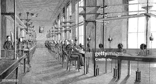 at the berlin telegraph office - telegraph machine stock illustrations