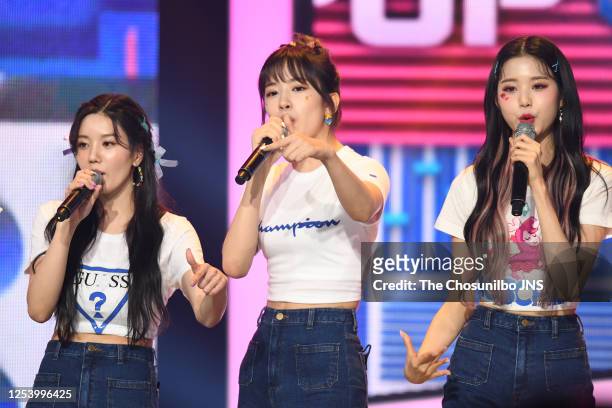 Kwon Eun-Bi, An Yu-Jin, Jang Won-Young of Iz*One during MBC music program 'Show Champion' at MBC Dream Center on June 24, 2020 in Goyang, South Korea.